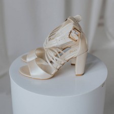 Sandałki na słupku złota perła z potrójnymi paskami na krzyż [864